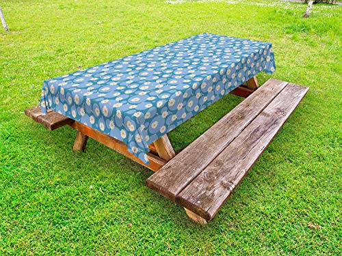 ABAKUHAUS Floreale Tovaglia da Esterno, Fiori Pastello su Rounds, Tovaglia da Picnic Lavabile Decorativa, 145 cm x 305 cm, Ceil Blue Sea Blu