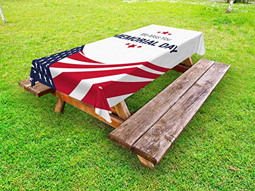 ABAKUHAUS Giorno della Memoria Tovaglia da Esterno, American Flag per Le Vacanze, Tovaglia da Picnic Lavabile Decorativa, 145 cm x 305 cm, Night Blue Vermilion