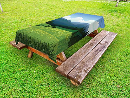 ABAKUHAUS Paesaggio Tovaglia da Esterno, Natura Verdi Prato Art, Tovaglia da Picnic Lavabile Decorativa, 145 cm x 210 cm, Olive Green Blue Sky