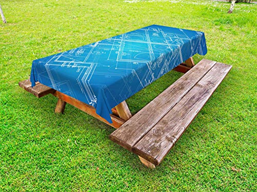 ABAKUHAUS Architettura Tovaglia da Esterno, Scene di Pianificazione Digitale, Tovaglia da Picnic Lavabile Decorativa, 145 cm x 305 cm, Blue Sea Blue Sky