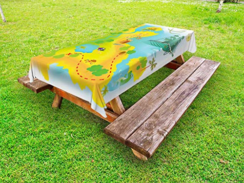ABAKUHAUS Adventures Tovaglia da Esterno, Mappa di un'isola del Tesoro, Tovaglia da Picnic Lavabile Decorativa, 145 cm x 305 cm, Terra Giallo Multicolor