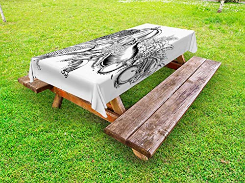 ABAKUHAUS Raccogliere Tovaglia da Esterno, Vecchia Incisione Verdure, Tovaglia da Picnic Lavabile Decorativa, 145 cm x 305 cm, Bianco e Charcoal Grey