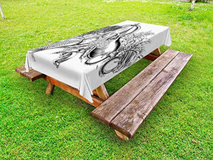 ABAKUHAUS Raccogliere Tovaglia da Esterno, Vecchia Incisione Verdure, Tovaglia da Picnic Lavabile Decorativa, 145 cm x 305 cm, Bianco e Charcoal Grey