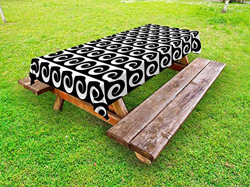ABAKUHAUS Onde Tovaglia da Esterno, Monochrome Scorrimento Spirali, Tovaglia da Picnic Lavabile Decorativa, 145 cm x 265 cm, Charcoal Grey Bianco