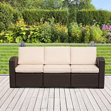 miozzi Divano da Esterno a 3 Posti in Rattan Sintetico con Cuscini Marrone 199x71x75 cm
