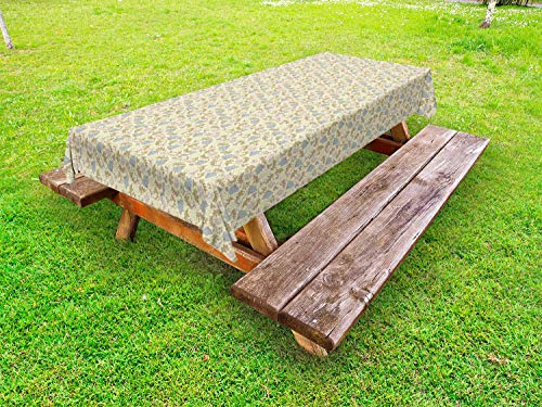 ABAKUHAUS Vintage Floral Tovaglia da Esterno, Articoli da Giardino, Tovaglia da Picnic Lavabile Decorativa, 145 cm x 305 cm, Giallo Pallido Blu Ardesia
