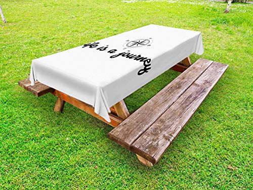 ABAKUHAUS Detto Tovaglia da Esterno, Esistenziale Vita Motto Art, Tovaglia da Picnic Lavabile Decorativa, 145 cm x 305 cm, Charcoal Grey Bianco