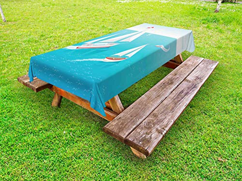 ABAKUHAUS Blu Nautico Tovaglia da Esterno, Barca a Vela e Sole, Tovaglia da Picnic Lavabile Decorativa, 145 cm x 265 cm, Mare Blu e Multicolore
