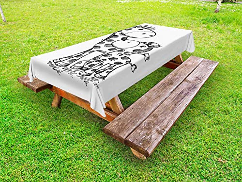 ABAKUHAUS Sketch Art Tovaglia da Esterno, Mamma e Bambino della Giraffa, Tovaglia da Picnic Lavabile Decorativa, 145 cm x 265 cm, Charcoal Grey And White