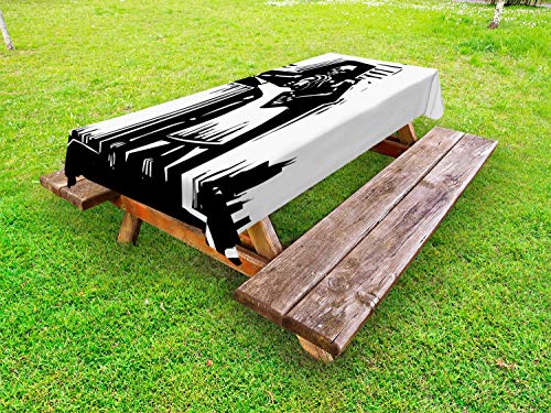 ABAKUHAUS Scheletro Tovaglia da Esterno, Ballando con la Morte Ombra, Tovaglia da Picnic Lavabile Decorativa, 145 cm x 305 cm, Charcoal Grey And White