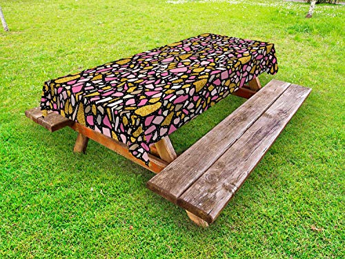 ABAKUHAUS Astratto Tovaglia da Esterno, Poly Pebble Stones, Tovaglia da Picnic Lavabile Decorativa, 145 cm x 305 cm, Rosa e Multicolor