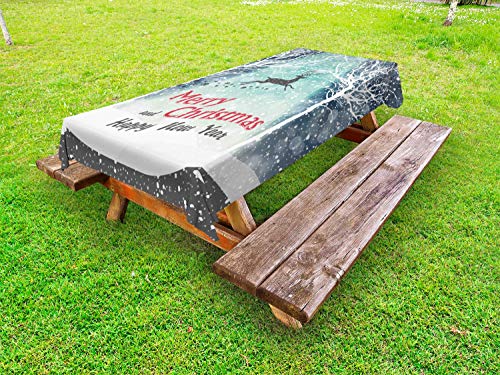 ABAKUHAUS Nuovo Anno Tovaglia da Esterno, Volante Reindeer Neve Bosco, Tovaglia da Picnic Lavabile Decorativa, 145 cm x 265 cm, Multicolore
