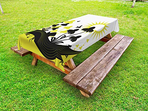 ABAKUHAUS Echinacea Tovaglia da Esterno, Fiori e Insetti, Tovaglia da Picnic Lavabile Decorativa, 145 cm x 305 cm, Grigio Scuro e Giallo Verde