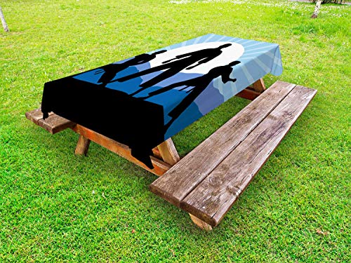 ABAKUHAUS Kung Fu Tovaglia da Esterno, Karate Men Silhouettes Sun, Tovaglia da Picnic Lavabile Decorativa, 145 cm x 210 cm, Cielo Blu Grigio