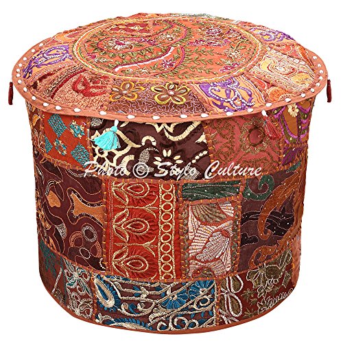 Pouf per Cultura Stylo Vintage Poggiapiedi per poggiapiedi Vintage Panno Patchwork Ricamato Etnico in Cotone Pouf Classico ottomano in Tessuto Rotondo (18x18x13 Pollici) 45cm