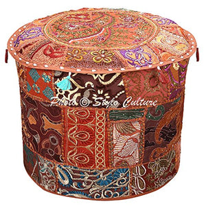 Pouf per Cultura Stylo Vintage Poggiapiedi per poggiapiedi Vintage Panno Patchwork Ricamato Etnico in Cotone Pouf Classico ottomano in Tessuto Rotondo (18x18x13 Pollici) 45cm