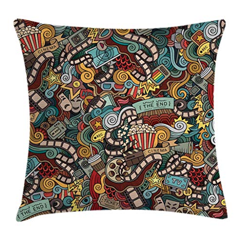 Fodera per Cuscino Hipster Throw Pillow, Articoli cinematografici combinati in Uno Stile Astratto Bobina di Film per Popcorn The End Theatre, Federa Decorativa, Grigio Nero 18X18 Pollici