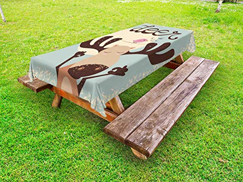 ABAKUHAUS Caccia dei Cervi Tovaglia da Esterno, Renna Uccello del Fumetto, Tovaglia da Picnic Lavabile Decorativa, 145 cm x 305 cm, Pallido Seafoam Brown