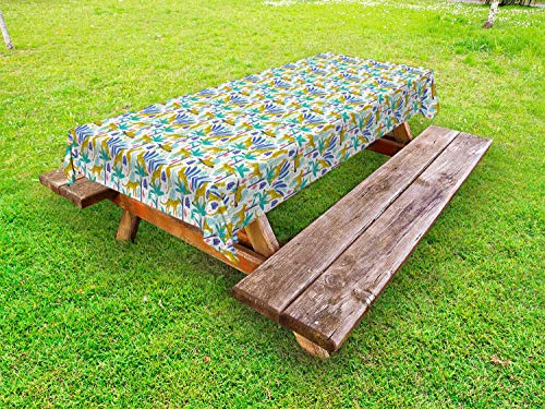 ABAKUHAUS Giungla Tovaglia da Esterno, Leopardi e Foglie Tropicali, Tovaglia da Picnic Lavabile Decorativa, 145 cm x 265 cm, Terra Giallo Multicolor