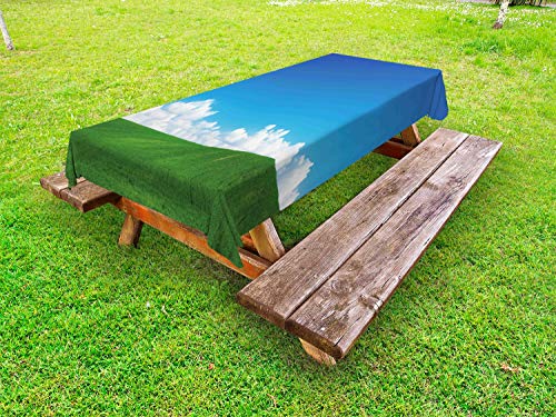 ABAKUHAUS Cielo Blu Tovaglia da Esterno, Puffy Nubi Natura Theme, Tovaglia da Picnic Lavabile Decorativa, 145 cm x 265 cm, Azzurro Blu Fern Green