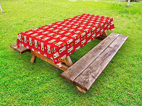 ABAKUHAUS Cat Giapponese Tovaglia da Esterno, La Fortuna del Gatto su Back Warm, Tovaglia da Picnic Lavabile Decorativa, 145 cm x 305 cm, Vermilion Bianco