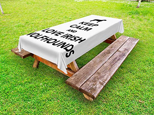 ABAKUHAUS Irish Wolfhound Tovaglia da Esterno, Stai calmo e AMA, Tovaglia da Picnic Lavabile Decorativa, 145 cm x 305 cm, Charcoal Grey And White