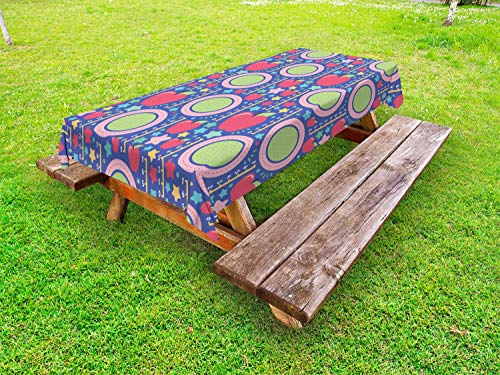 ABAKUHAUS Colorato Tovaglia da Esterno, Mele e Motivi Immagine, Tovaglia da Picnic Lavabile Decorativa, 145 cm x 265 cm, Scuro Ceil Blu Multicolor