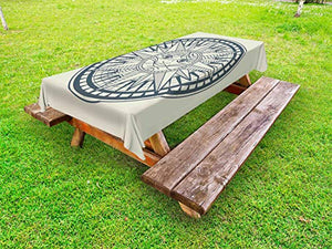 ABAKUHAUS Vintage Tattoo Nautical Tovaglia da Esterno, Retro Sun Compass, Tovaglia da Picnic Lavabile Decorativa, 145 cm x 265 cm, Guscio d'uovo e Ardesia Blu