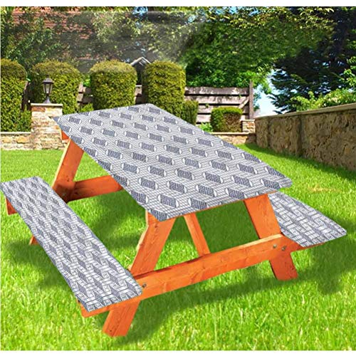 Tovaglia da tavolo e panchina geometrica, motivo tradizionale, con bordo elastico, 60 x 170 cm, set da 3 pezzi, per campeggio, pranzo, all'aperto, parco, patio