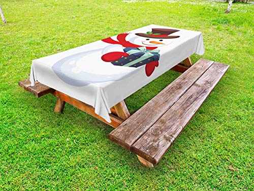ABAKUHAUS Pupazzo di Neve Tovaglia da Esterno, Snowy Carattere e Presente, Tovaglia da Picnic Lavabile Decorativa, 145 cm x 265 cm, Multicolore