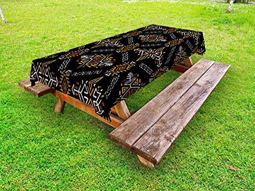 ABAKUHAUS Freccia Tovaglia da Esterno, Aztec Inspired e Etnica, Tovaglia da Picnic Lavabile Decorativa, 145 cm x 210 cm, Charcoal Grey Arancione