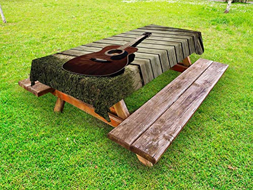 ABAKUHAUS Chitarra Tovaglia da Esterno, Musica Articolo Appoggiato su Un Muro, Tovaglia da Picnic Lavabile Decorativa, 145 cm x 210 cm, Dusk Redbrown