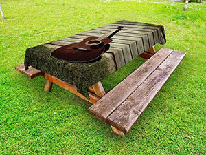 ABAKUHAUS Chitarra Tovaglia da Esterno, Musica Articolo Appoggiato su Un Muro, Tovaglia da Picnic Lavabile Decorativa, 145 cm x 210 cm, Dusk Redbrown