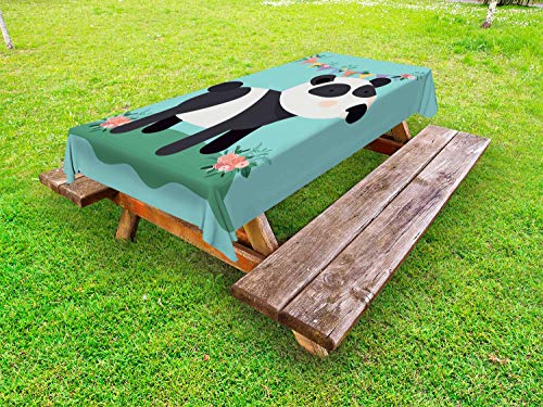 ABAKUHAUS Panda Tovaglia da Esterno, Festa per Bambini con i Fiori, Tovaglia da Picnic Lavabile Decorativa, 145 cm x 210 cm, Seafoam Scuro Taupe Grey