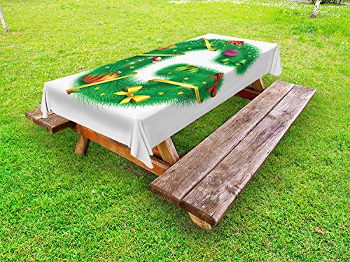 ABAKUHAUS Christmas Alphabet Tovaglia da Esterno, G Lettera Motivi, Tovaglia da Picnic Lavabile Decorativa, 145 cm x 265 cm, Bianco Verde e Paprika