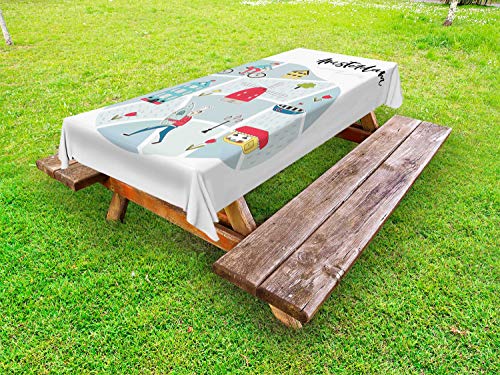 ABAKUHAUS Amsterdam Tovaglia da Esterno, Doodles di Uomini Windmill, Tovaglia da Picnic Lavabile Decorativa, 145 cm x 265 cm, Bianco e Multicolore