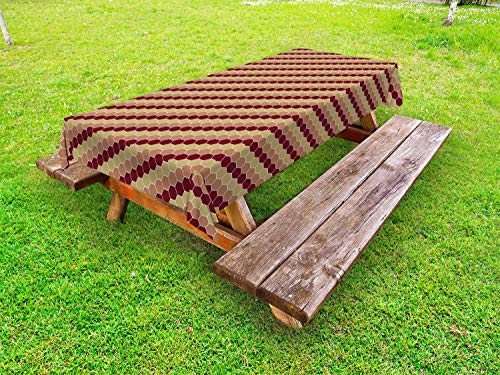 ABAKUHAUS Cachi Tovaglia da Esterno, Tricolore Design esagoni Art, Tovaglia da Picnic Lavabile Decorativa, 145 cm x 305 cm, Maroon Khaki
