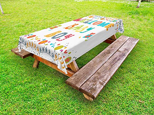 ABAKUHAUS Baby Shower Tovaglia da Esterno, Welcome Baby Boy Parole, Tovaglia da Picnic Lavabile Decorativa, 145 cm x 210 cm, Multicolore