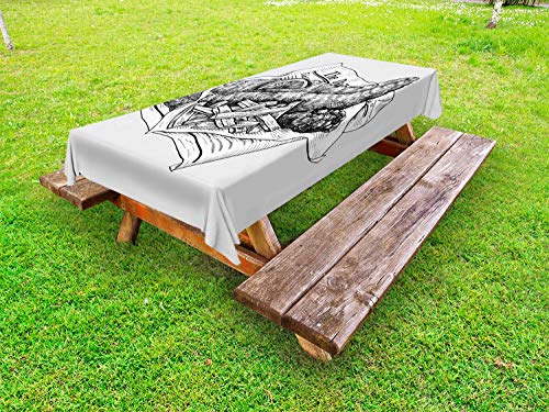 ABAKUHAUS Grigio Antracite Tovaglia da Esterno, Tasty Fish And Chips, Tovaglia da Picnic Lavabile Decorativa, 145 cm x 305 cm, Bianca