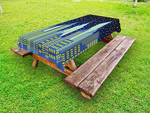 ABAKUHAUS Città Tovaglia da Esterno, Grafica Modern City Skyline, Tovaglia da Picnic Lavabile Decorativa, 145 cm x 305 cm, Cielo Blu Scuro Blu Notte