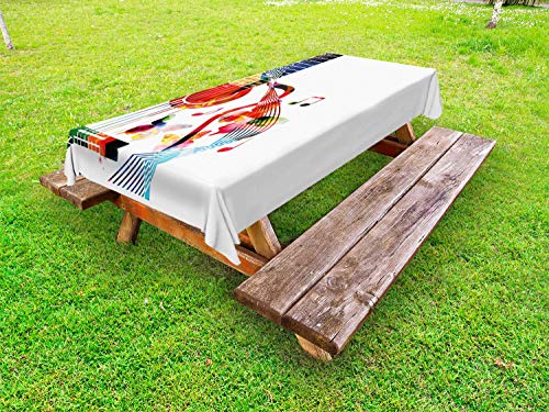 ABAKUHAUS Colorato Tovaglia da Esterno, Chitarra Sagoma Immagine, Tovaglia da Picnic Lavabile Decorativa, 145 cm x 305 cm, Bianco e Multicolore