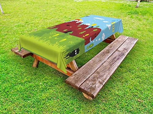 ABAKUHAUS Cartone Animato Tovaglia da Esterno, Doodle Terreno di Campagna, Tovaglia da Picnic Lavabile Decorativa, 145 cm x 210 cm, Multicolore
