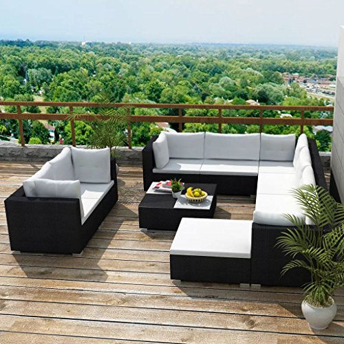 Tidyard Set Divani da Giardino 10 pz con Cuscini in Polyrattan Nero, Set Divani da Giardino, Set Divani da Giardino da Esterno 70 x 70 x 52,5 cm