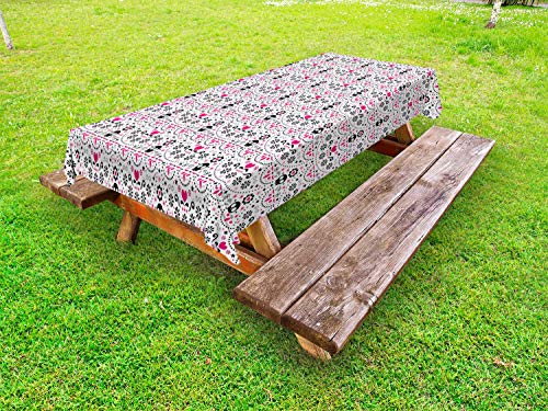 ABAKUHAUS Popolare Tovaglia da Esterno, Messicani Minimal Hearts Skulls, Tovaglia da Picnic Lavabile Decorativa, 145 cm x 305 cm, Hot Pink Charcoal Grey