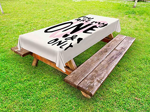 ABAKUHAUS One And Only Dire Tovaglia da Esterno, Texting Romantico, Tovaglia da Picnic Lavabile Decorativa, 145 cm x 305 cm, Rosa Pallido Charcoal Grey