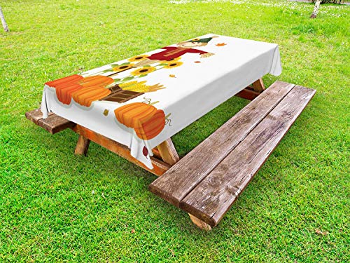 ABAKUHAUS Raccogliere Tovaglia da Esterno, Spaventapasseri con Verdure, Tovaglia da Picnic Lavabile Decorativa, 145 cm x 305 cm, Bianco e Multicolore