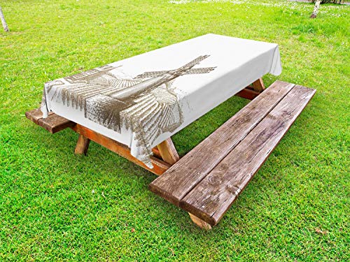 ABAKUHAUS Raccogliere Tovaglia da Esterno, Vecchio Mulino a Vento Vintage Immagine, Tovaglia da Picnic Lavabile Decorativa, 145 cm x 305 cm, Nero e Seppia