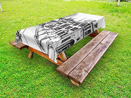 ABAKUHAUS Città Tovaglia da Esterno, Autunno nella Vecchia Città Europea, Tovaglia da Picnic Lavabile Decorativa, 145 cm x 265 cm, Charcoal Grey Bianco