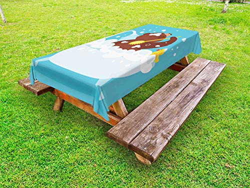 ABAKUHAUS Funny Bear Tovaglia da Esterno, Facendo Una Doccia Bubbly, Tovaglia da Picnic Lavabile Decorativa, 145 cm x 265 cm, Blu Marrone Giallo