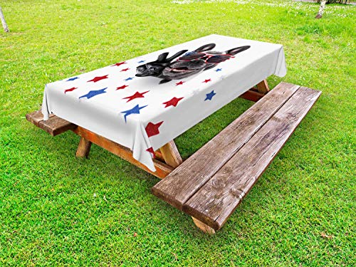 ABAKUHAUS Bulldog Tovaglia da Esterno, Top View Funny Dog Posing, Tovaglia da Picnic Lavabile Decorativa, 145 cm x 210 cm, Dimgray Ruby Blue